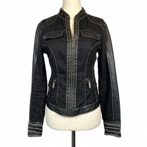 Rare Vintage Y2K Cache Leather Moto Jacket Linen Trim Womens 6